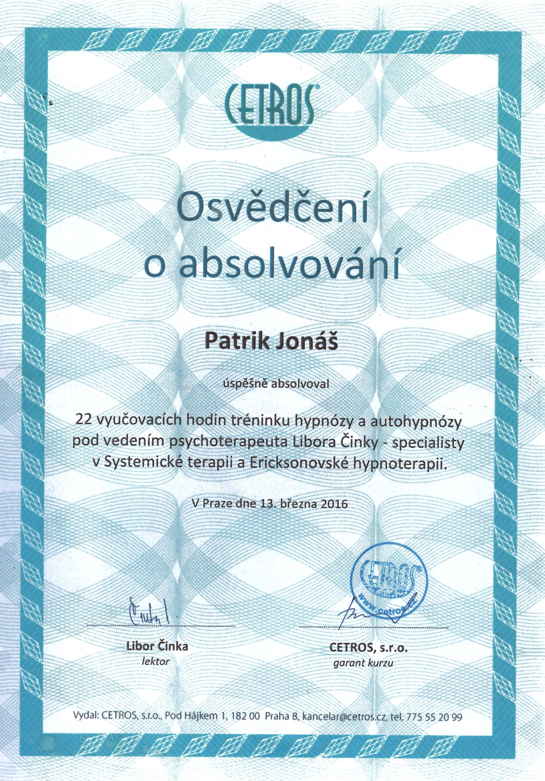 Patrik Jonáš Certifikát Hypnóza Autohypnóza