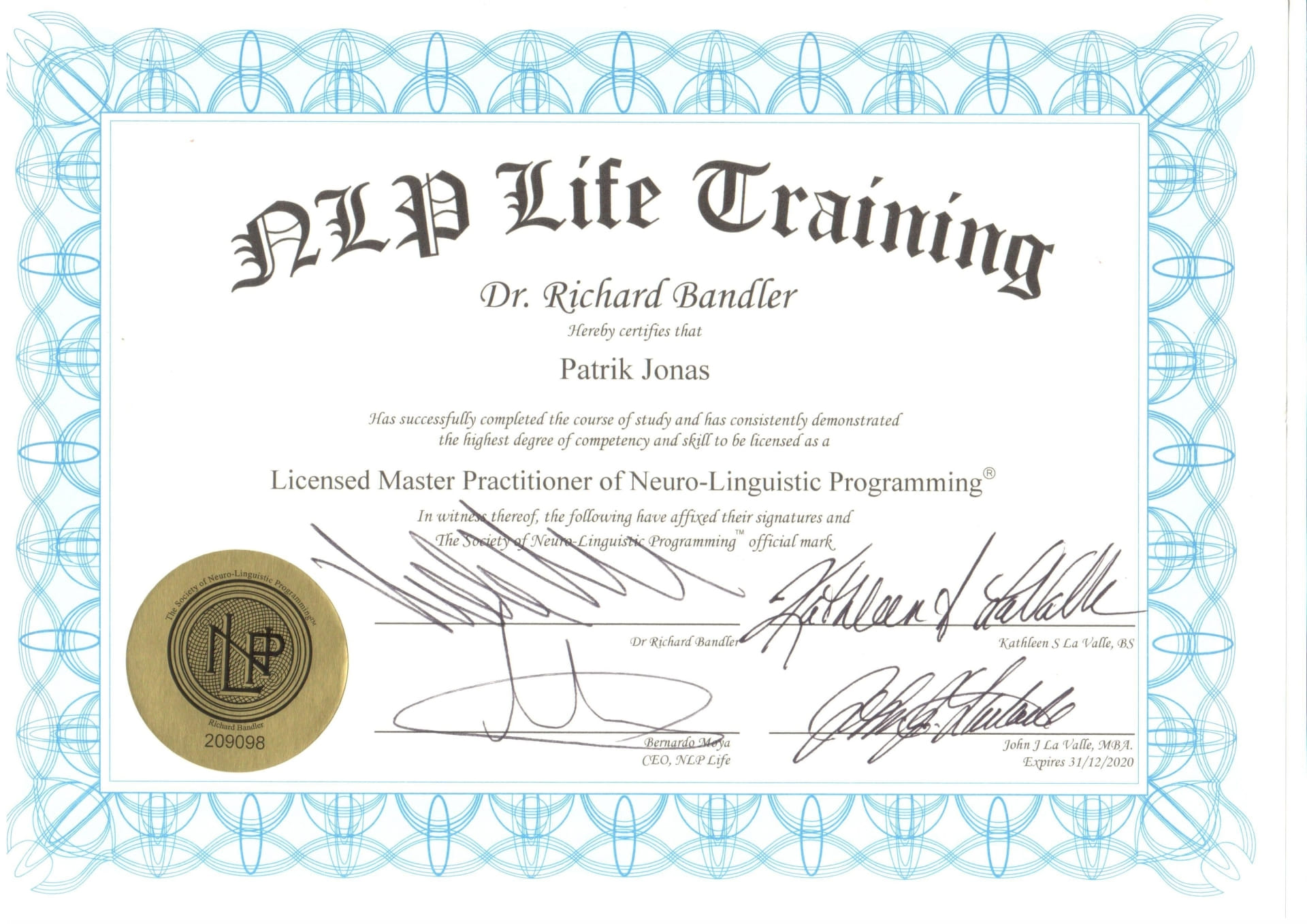 Certifikát Patrik Jonáš Master Practitioner of NLP