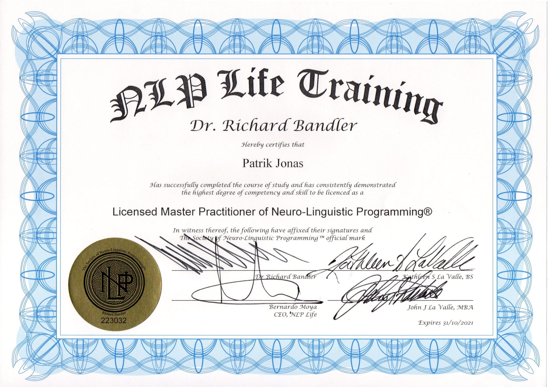 Certifikát Patrik Jonáš Master Practitioner of NLP