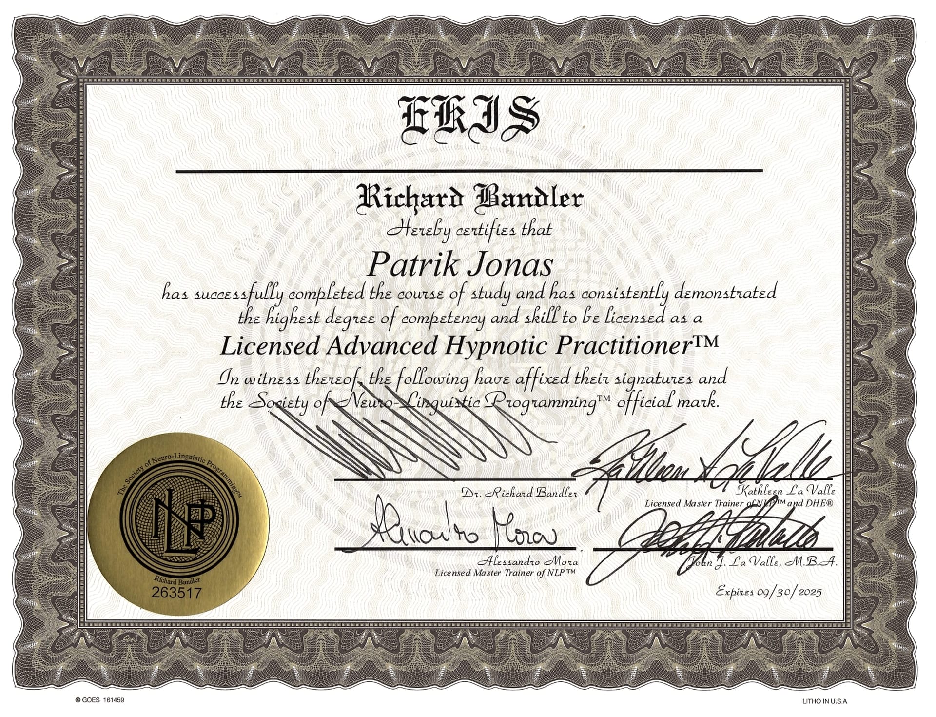 Patrik Jonáš Certifikát Pokročilý praktikant hypnózy