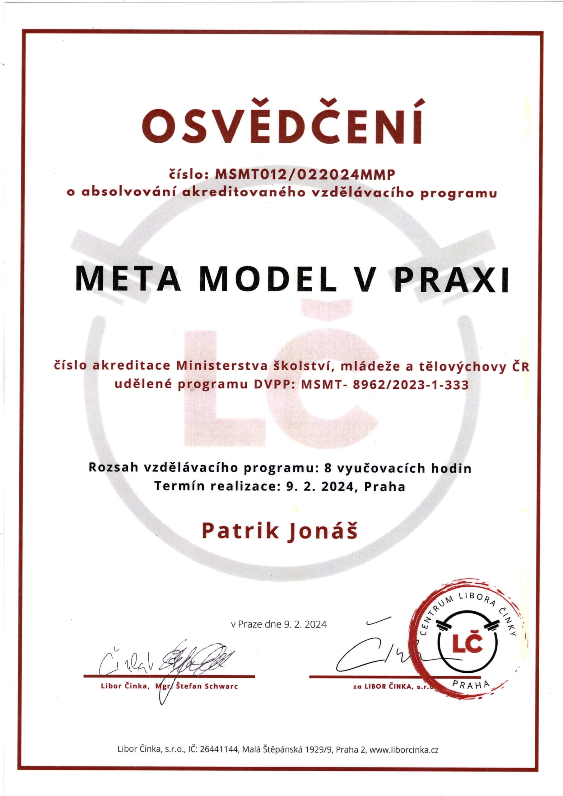 Certifikát Patrik Jonáš Meta Model V Praxi