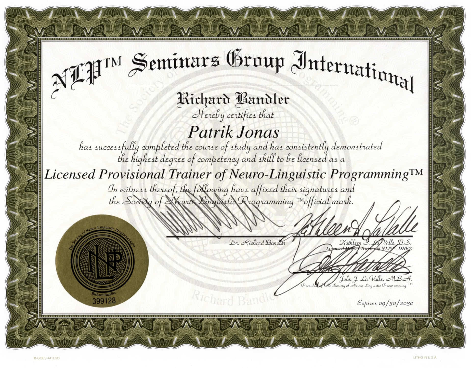 Certifikát Patrik Jonáš - Licensed Provisional Trainer of Neuro-linguistic Programming, Society of NLP, Dr. Richard Bandler
